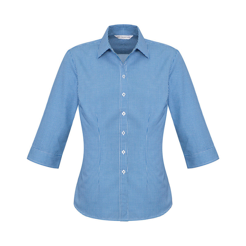 Load image into Gallery viewer, Biz Ladies Ellison 3/4 Sleeve Shirt, featuring a blue and white checkered pattern, crafted from a cotton-rich blend with back shoulder pleats and waist darts for a tailored fit, ideal for workplace attire.