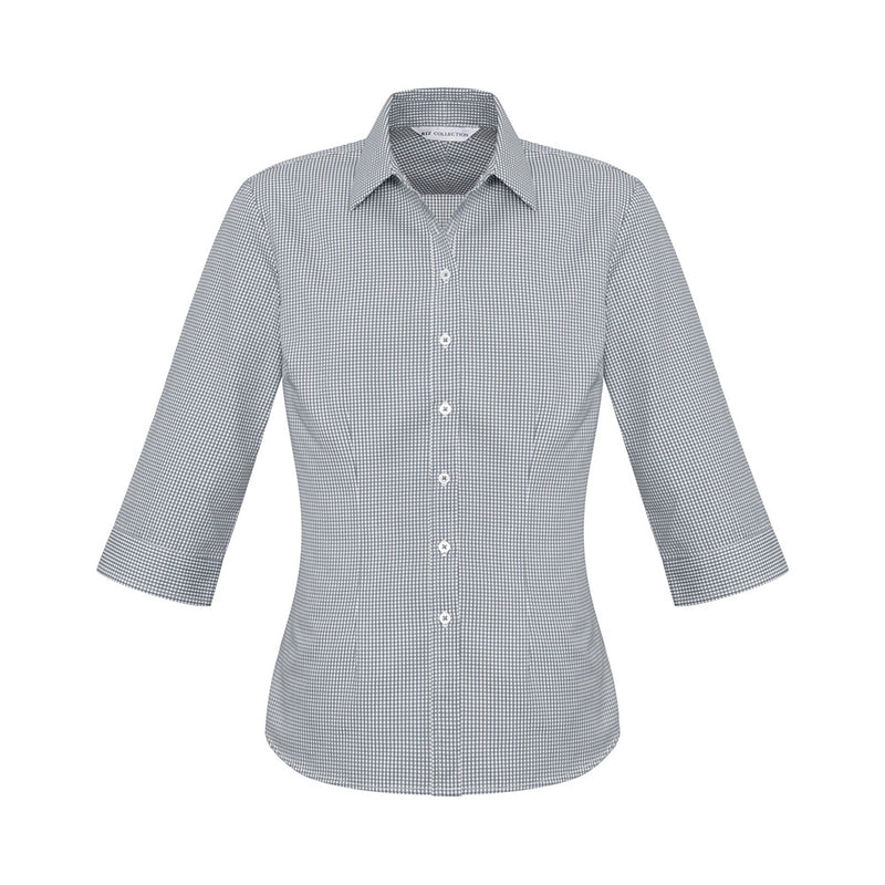 Load image into Gallery viewer, Biz Ladies Ellison 3/4 Sleeve Shirt featuring a black and white checkered pattern, highlighted by back shoulder pleats and waist darts for an elegant fit. Ideal for workplace safety and comfort.