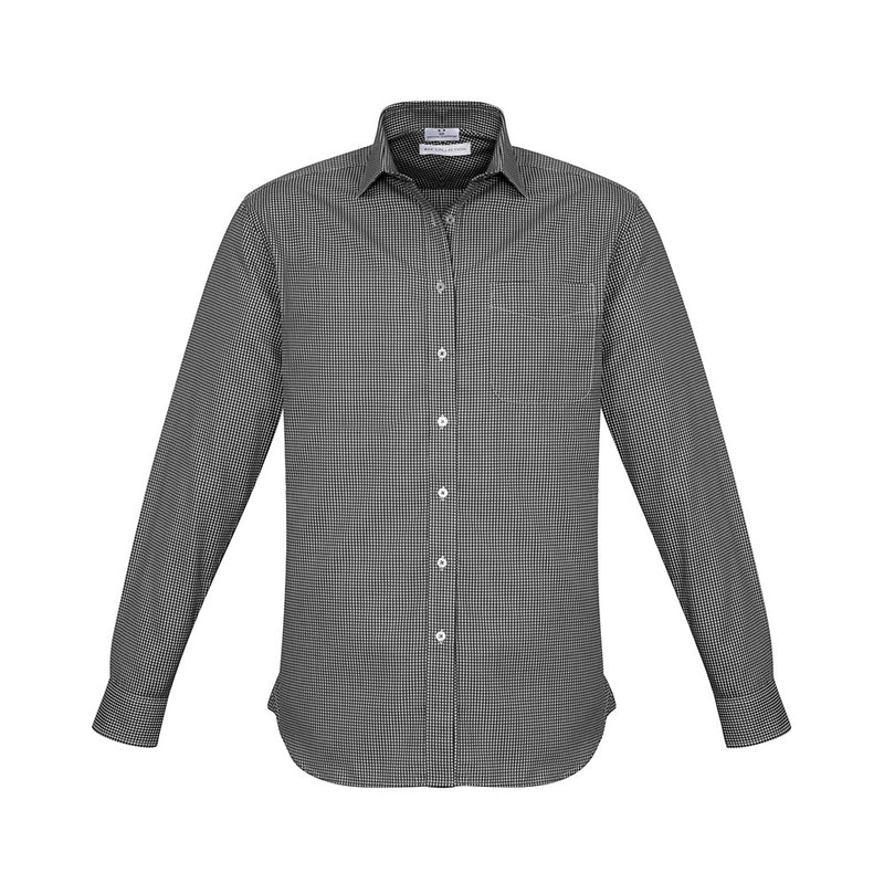 Load image into Gallery viewer, Biz Ellison Mens Long Sleeve Shirt featuring a black and white checkered pattern, modern collar, chest pocket, and adjustable cuffs. Perfect for workplace wear, combining style and safety-focused design.