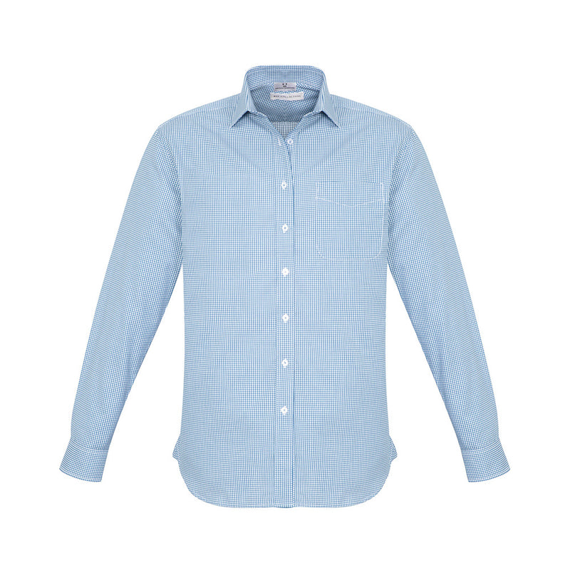 Load image into Gallery viewer, Biz Ellison Mens Long Sleeve Shirt, featuring a blue and white checkered pattern, modern collar, chest pocket, and adjustable cuffs, ideal for workplace settings with its easy-care, cotton-rich fabric.