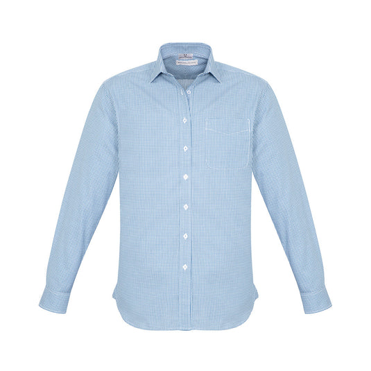 Biz Ellison Mens Long Sleeve Shirt, featuring a blue and white checkered pattern, modern collar, chest pocket, and adjustable cuffs, ideal for workplace settings with its easy-care, cotton-rich fabric.