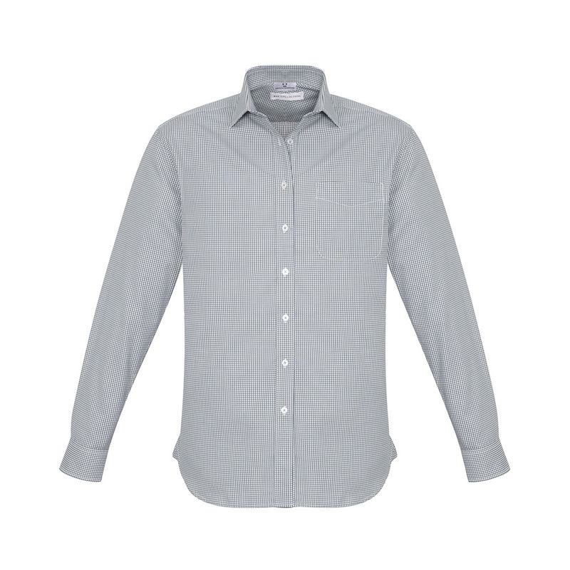 Load image into Gallery viewer, Biz Ellison Mens Long Sleeve Shirt featuring a checkered pattern, modern collar, chest pocket, twin back pleats, and adjustable cuffs. Ideal for professional safety and work environments.