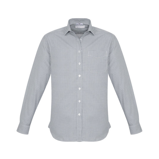 Biz Ellison Mens Long Sleeve Shirt featuring a checkered pattern, modern collar, chest pocket, twin back pleats, and adjustable cuffs. Ideal for professional safety and work environments.