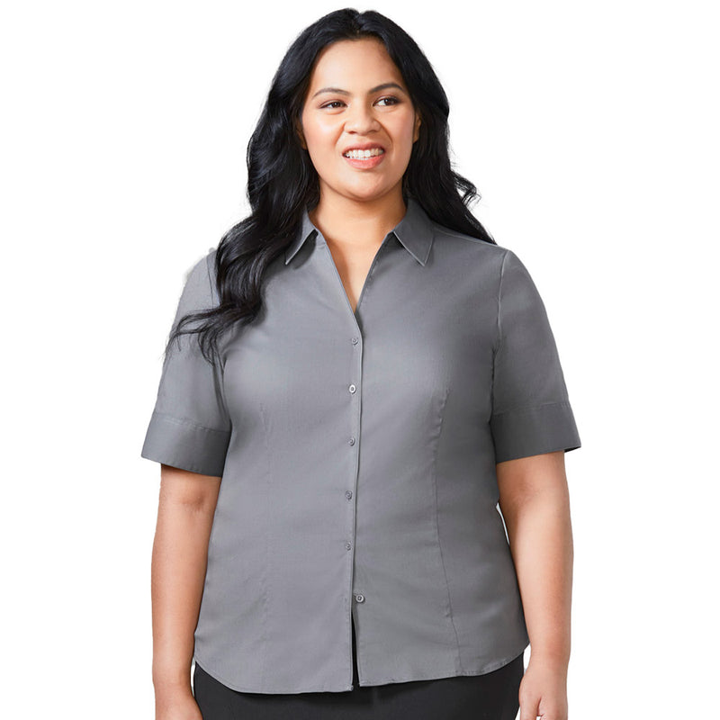 Load image into Gallery viewer, Biz Womens Monaco Short Sleeve Shirt features a European-inspired Y-front neckline and cuffed sleeves, crafted from stretch cotton for a semi-fitted silhouette, ideal for workplace versatility and style.