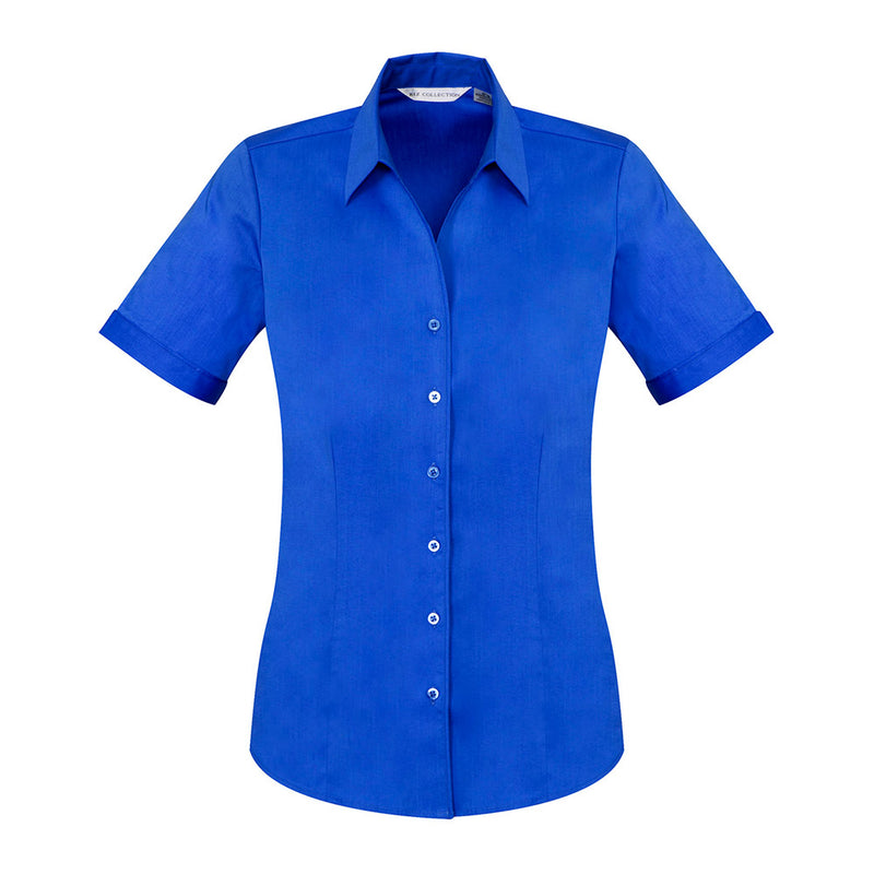 Load image into Gallery viewer, Biz Womens Monaco Short Sleeve Shirt features a Y-front neckline and cuffed sleeves, providing a semi-fitted, elegant look with stretch cotton fabric, ideal for versatile workplace and uniform settings.