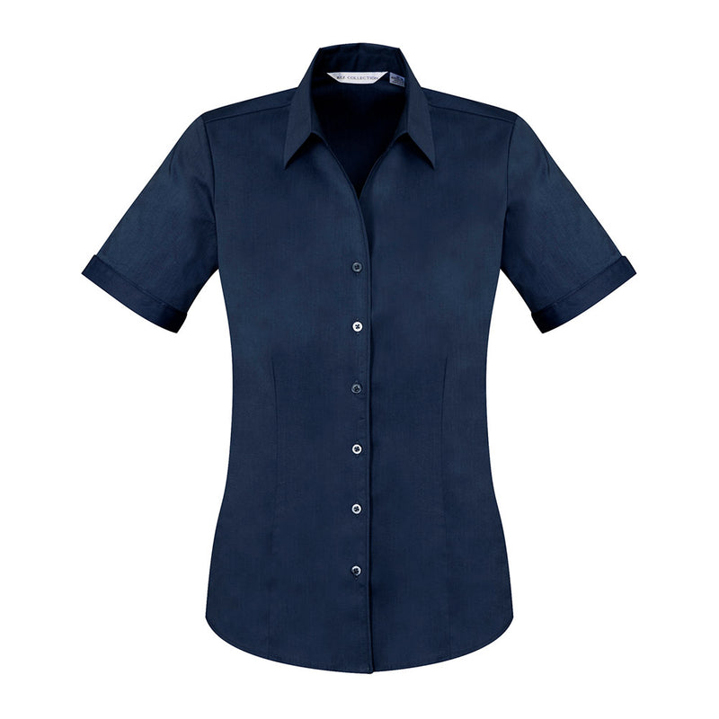 Load image into Gallery viewer, Biz Womens Monaco Short Sleeve Shirt features a European-inspired Y-neckline and cuffed sleeves, crafted from stretch cotton for a semi-fitted look, suitable for both professional and casual wear.