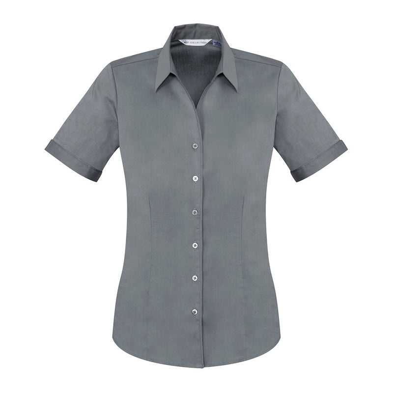 Load image into Gallery viewer, Biz Womens Monaco Short Sleeve Shirt with a Y-front neckline and cuffed sleeves, crafted from stretch cotton fabric for a semi-fitted look, featuring waist and bust darts for an elegant silhouette.