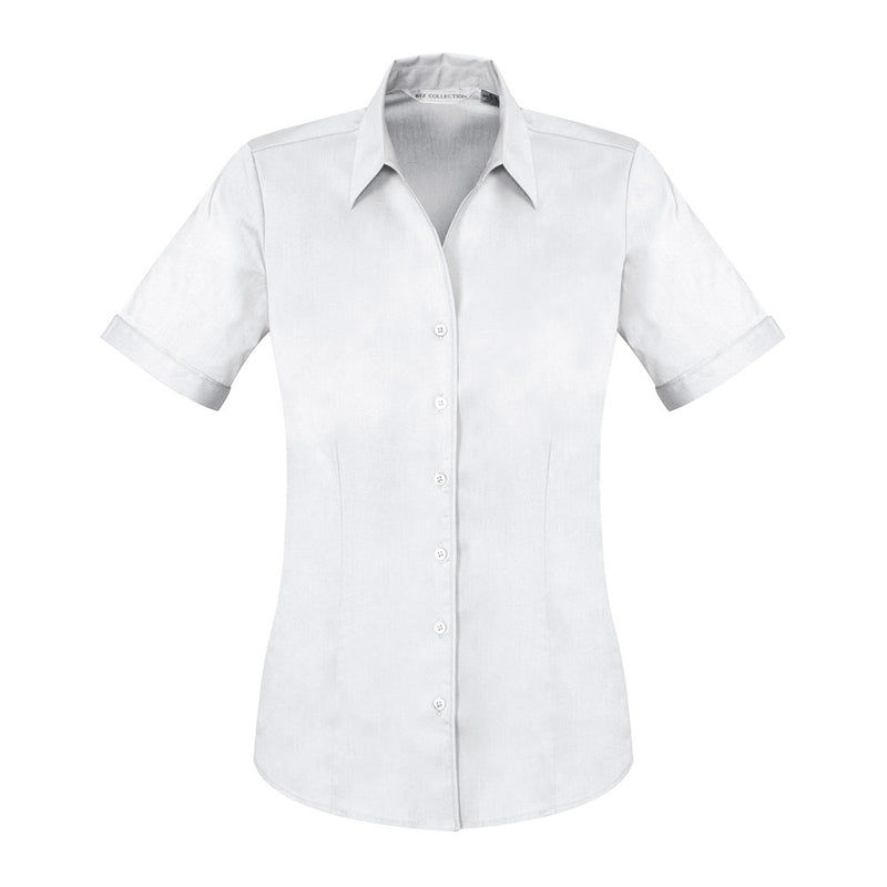 Load image into Gallery viewer, Biz Womens Monaco Short Sleeve Shirt features a European-inspired Y-front neckline and cuffed sleeves, offering a semi-fitted silhouette with waist and bust darts for an elegant fit, ideal for workplace attire.