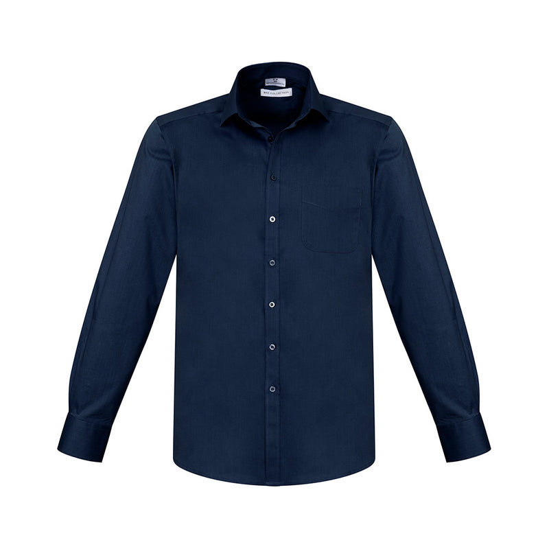 Load image into Gallery viewer, Biz Mens Monaco Long Sleeve Shirt features a modern collar, mitered cuffs, and chest pocket. Designed with twin back pleats and a curved hem, it combines European style with practical versatility.