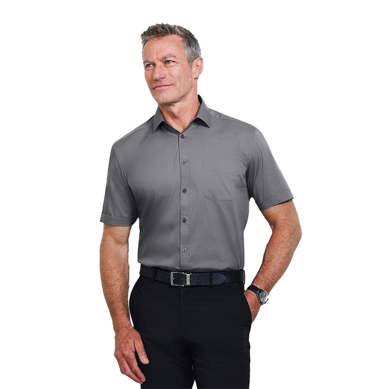 Load image into Gallery viewer, Biz Mens Monaco Shirt featuring a modern collar, mitred cuffs, and chest pocket. Made from stretch cotton for comfort and versatility, suitable for professional or casual settings.