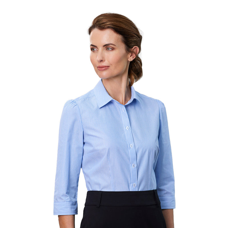 Load image into Gallery viewer, Biz Womens Euro 3/4 Sleeve Shirt displayed on a woman, showcasing its yarn-dyed mini-stripe, gathered details, and feminine cut. Ideal for professional settings, aligning with Active Safety's focus on quality workwear.