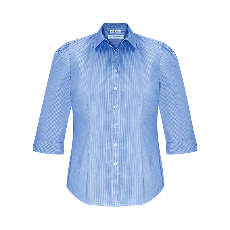 Load image into Gallery viewer, Biz Womens Euro 3/4 Sleeve Shirt features a yarn-dyed mini-stripe with feminine gathered details on the shoulder and back yoke. It has a curved hem, perfect for professional environments prioritizing style and comfort.