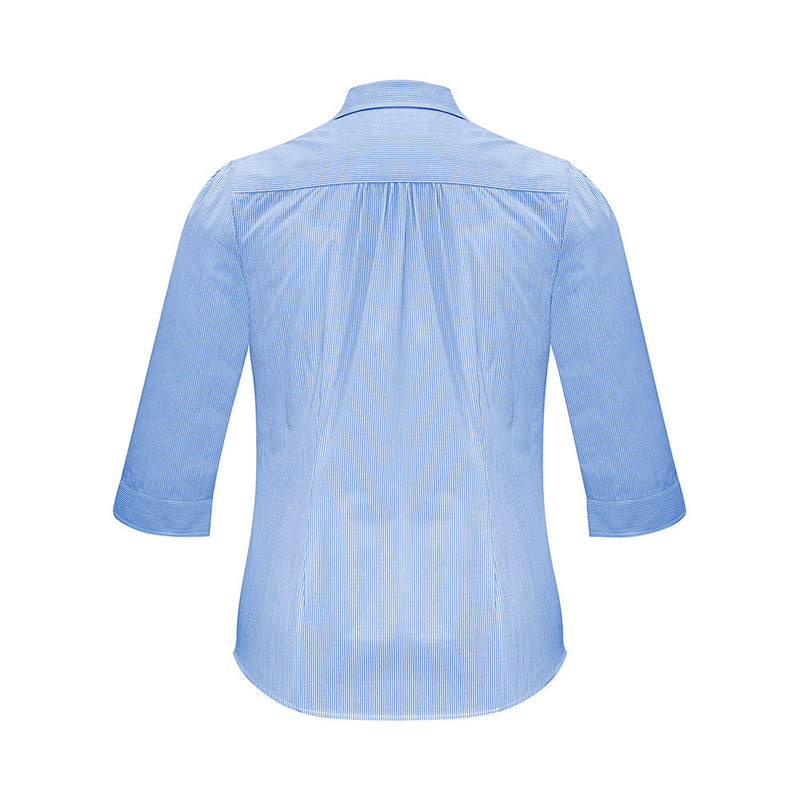 Load image into Gallery viewer, Biz Womens Euro 3/4 Sleeve Shirt with a yarn-dyed mini-stripe pattern, showcasing feminine gathered shoulder and back yoke detailing, and a versatile curved hem suitable for professional settings.
