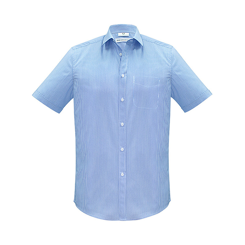 Load image into Gallery viewer, Biz Mens Euro Short Sleeve Shirt featuring blue and white stripes, modern collar, and chest pocket, ideal for workplace settings. The easy-care poly-cotton blend ensures comfort and durability, suitable for professional environments.