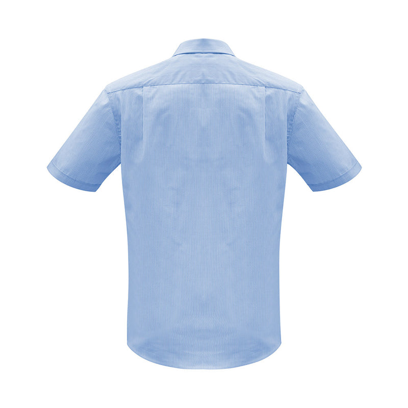 Load image into Gallery viewer, Biz Mens Euro Short Sleeve Shirt, featuring a stylish yarn-dyed mini-stripe pattern, modern collar, and chest pocket, ideal for business settings. Crafted from an easy-care poly cotton blend for comfort and convenience.