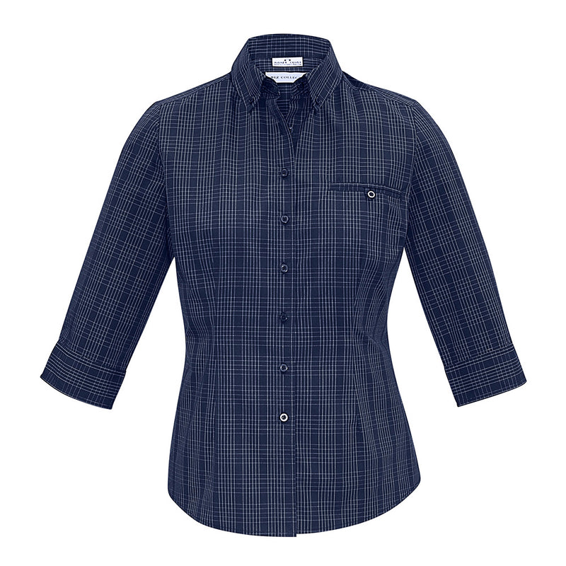 Load image into Gallery viewer, Biz Ladies Harper 3/4 Sleeve Shirt featuring a blue and white check pattern, designed with a standard slim collar, feminine waist darts, and a curved hem for versatile wear, reflecting Active Safety's workwear focus.