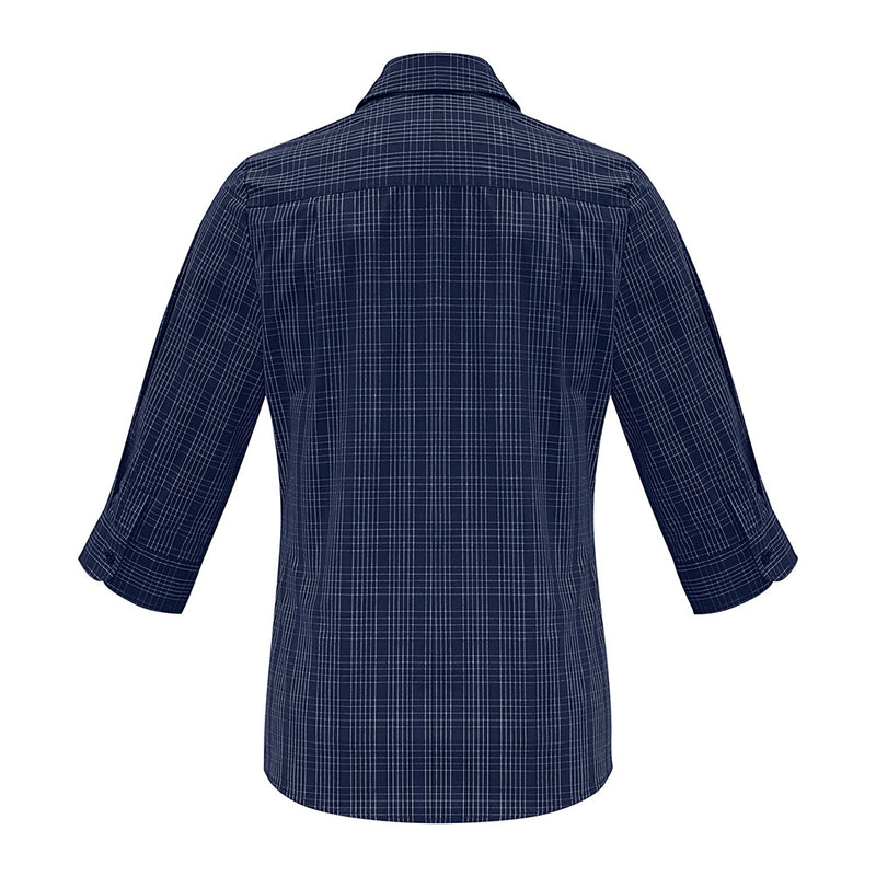Load image into Gallery viewer, Biz Ladies Harper 3/4 Sleeve Shirt, featuring a back view of a blue and white plaid pattern, showcases tailored darts for a feminine silhouette, suitable for professional or casual work settings.