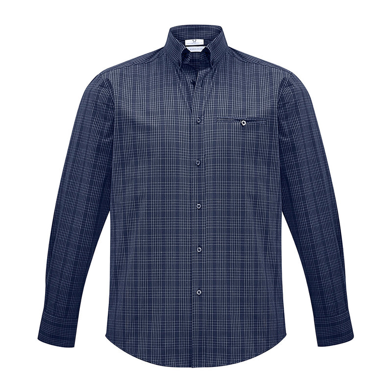 Load image into Gallery viewer, Biz Harper Mens Long Sleeve Shirt featuring a Prince of Wales check pattern, button-down collar, chest pocket, and adjustable cuffs; ideal for workplace safety and uniform needs.