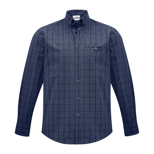 Biz Harper Mens Long Sleeve Shirt featuring a Prince of Wales check pattern, button-down collar, chest pocket, and adjustable cuffs; ideal for workplace safety and uniform needs.