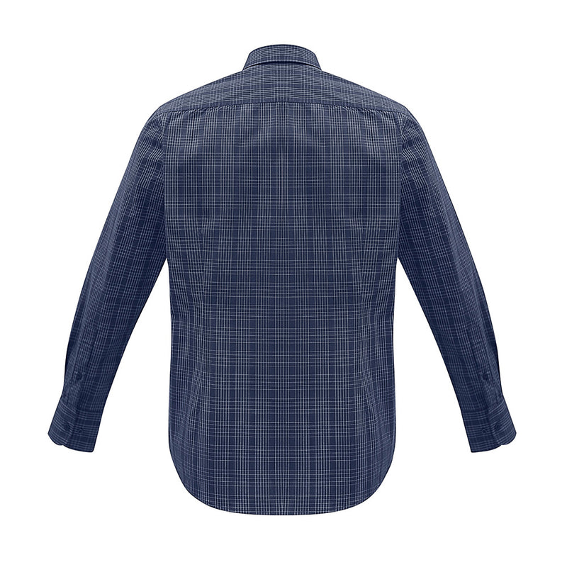 Load image into Gallery viewer, Biz Harper Men's Long Sleeve Shirt, showcasing a back view of the blue and white plaid pattern, features a button-down collar, pocket, twin back pleats, and adjustable cuffs, ideal for workplace safety wear.