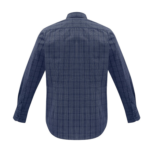 Biz Harper Men's Long Sleeve Shirt, showcasing a back view of the blue and white plaid pattern, features a button-down collar, pocket, twin back pleats, and adjustable cuffs, ideal for workplace safety wear.