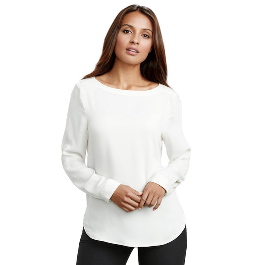 Biz Womens Madison Boatneck Top displayed on a woman, featuring a streamlined silhouette with roll-up sleeves and a longer shirt-tail hem, ideal for a professional yet chic workplace look.
