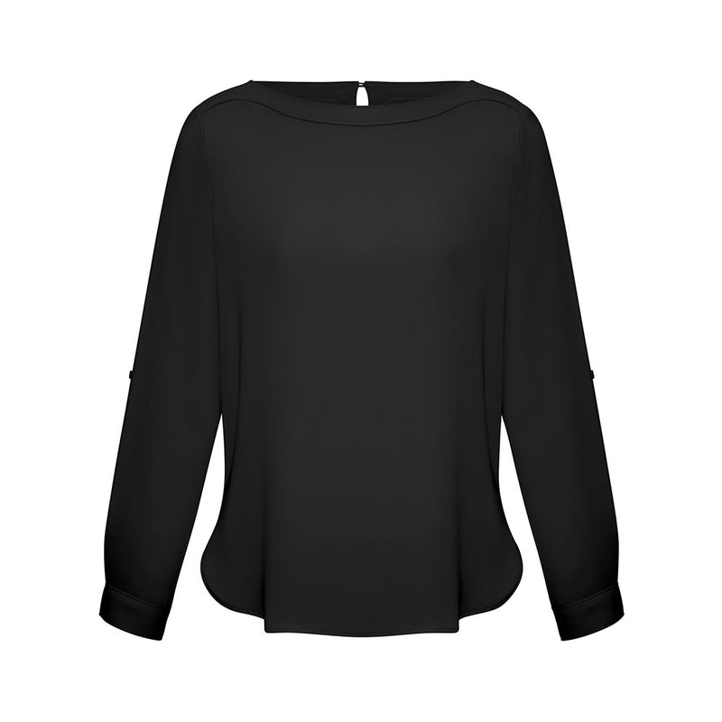 Load image into Gallery viewer, Biz Womens Madison Boatneck Top showcases a minimalist, elegant design with a finely stitched boatneck, roll-up sleeves, and a stylish shirt-tail hem, perfect for a streamlined professional look.