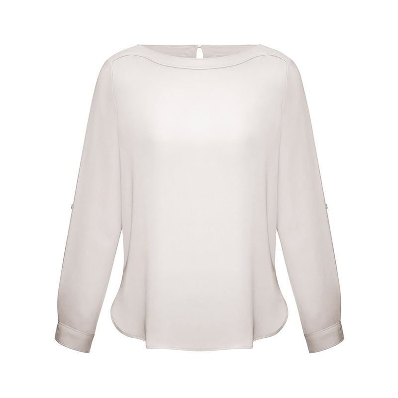 Load image into Gallery viewer, Biz Womens Madison Boatneck Top featuring a finely stitched boatneck, versatile roll-up sleeves, and a longer shirt-tail hem, ideal for a minimalist, chic uniform in professional settings.