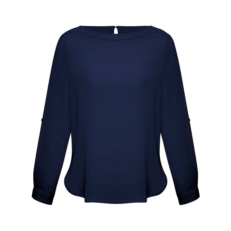 Load image into Gallery viewer, Biz Womens Madison Boatneck Top features a finely stitched boatneck, roll-up sleeves, and a shirt-tail hem for versatile styling. Ideal for a streamlined, professional look in workplace settings.