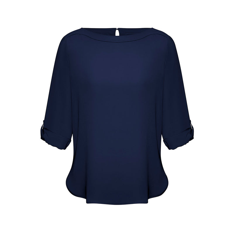 Load image into Gallery viewer, Biz Womens Madison Boatneck Top featuring a finely stitched boatneck, longer shirt-tail hem, and roll-up sleeves, ideal for a streamlined, professional look in active workplace settings.