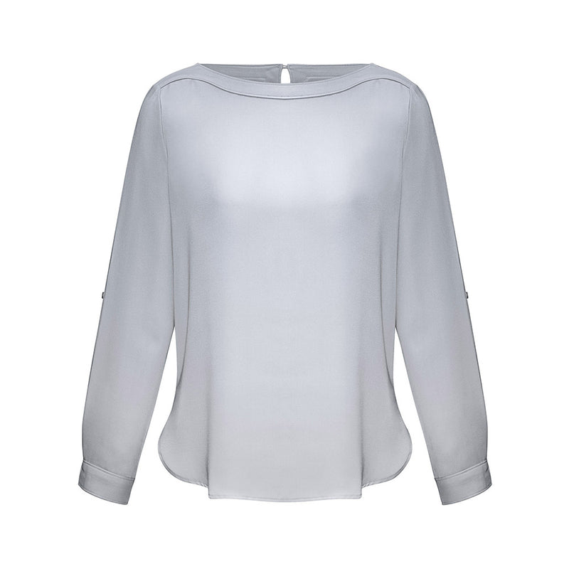 Load image into Gallery viewer, Biz Womens Madison Boatneck Top features a minimalist, elegant design with a boatneck, roll-up sleeves, and shirt-tail hem, ideal for a streamlined, chic addition to a professional wardrobe.