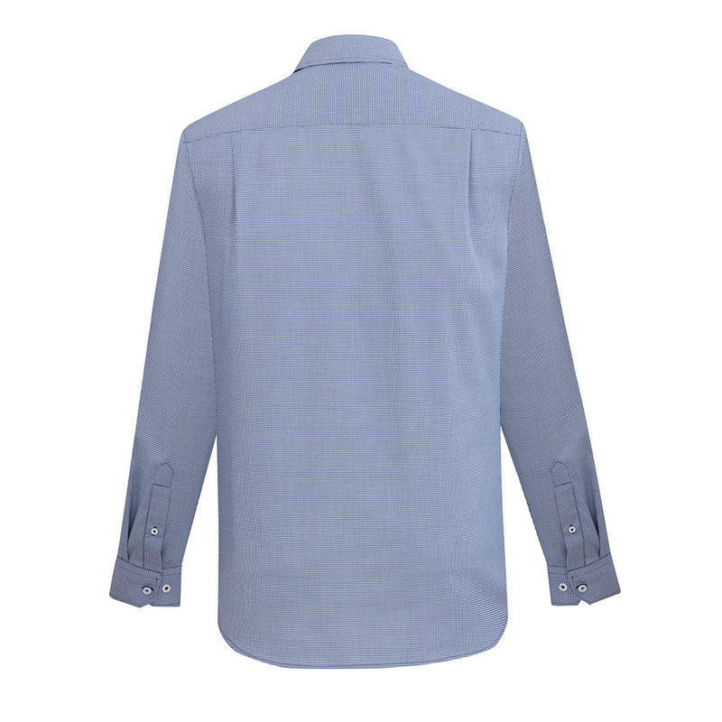 Load image into Gallery viewer, Biz Mens Jagger Long Sleeve Shirt with blue and white stripes, featuring a modern collar, chest pocket, and adjustable cuffs, made from wrinkle-resistant micro houndstooth fabric, suitable for professional and casual wear.