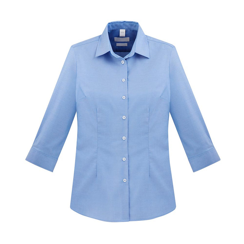 Load image into Gallery viewer, Biz Womens Regent 3/4 Sleeve Shirt: A tailored light-blue blouse featuring a point collar, seven buttons, and princess seams for a fitted look. Made from wrinkle-resistant, premium cotton with a subtle herringbone weave, ideal for workwear.