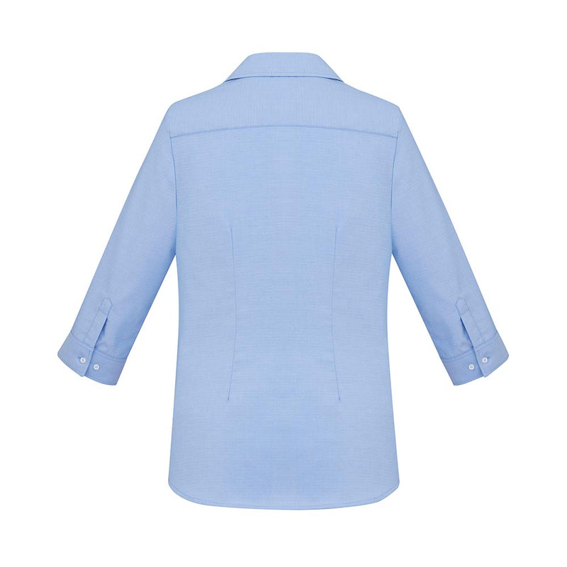 Load image into Gallery viewer, Biz Womens Regent 3/4 Sleeve Shirt showcases a back view with three-quarter-length sleeves and buttoned cuffs, highlighting its streamlined design and subtle herringbone weave, ideal for a modern workplace.