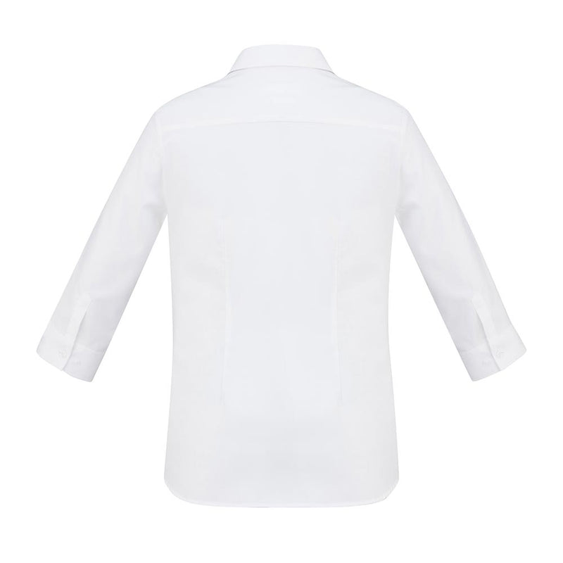 Load image into Gallery viewer, Biz Womens Regent 3/4 Sleeve Shirt, a long-sleeve, button-up, chef’s jacket style top, crafted from wrinkle-resistant, subtle herringbone weave cotton, laid flat showing back view. Ideal for modern workplace uniform.