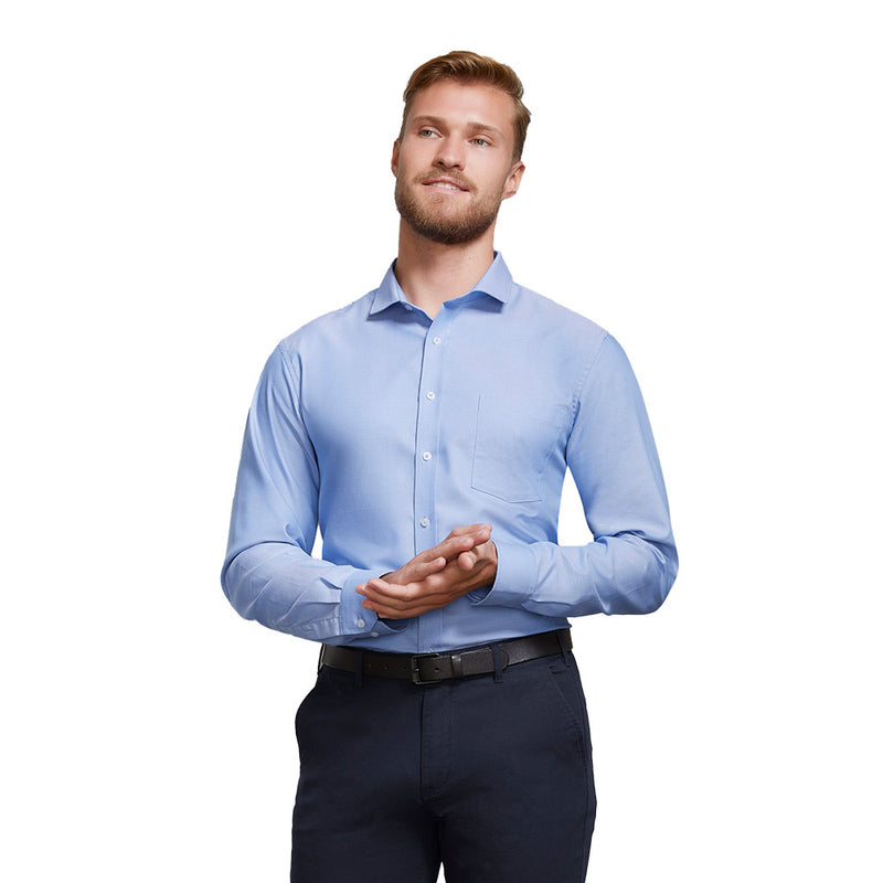 Load image into Gallery viewer, Biz Mens Regent Long Sleeve Shirt with a modern collar, chest pocket, and twin back pleats. Features a subtle herringbone weave and adjustable cuffs, ideal for professional, easy-care attire.