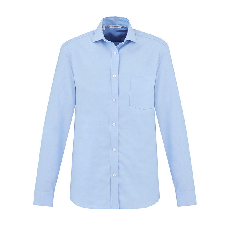 Load image into Gallery viewer, Biz Mens Regent Long Sleeve Shirt featuring a modern collar, chest pocket, twin back pleats, and adjustable cuffs, crafted from wrinkle-resistant, 100% premium cotton with a subtle herringbone weave for business settings.