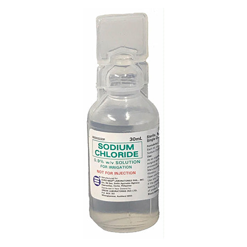 Help-It Saline Ampoule 30ml: A clear plastic bottle containing a 30ml sodium chloride irrigation solution (0.9%), designed for safe irrigation use in workplace safety and medical environments.