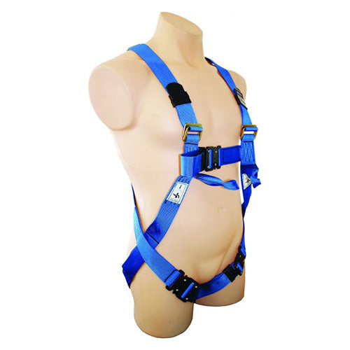 QSI Full Body Harness W/ Quick Release Buckles displayed on a mannequin, highlighting its two attachment webbing loops, dorsal D-Ring, and sternal attachment points for secure fall-arrest and rescue applications.
