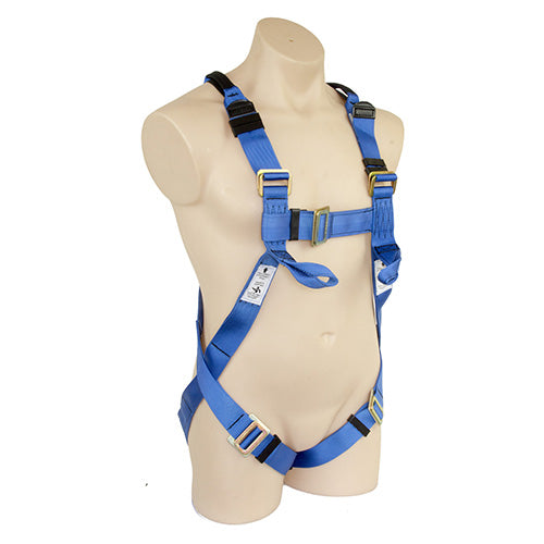 QSI Full Body Harness W/ Confined Entry Loops displayed on a mannequin, featuring shoulder loops for confined space and emergency retrieval, designed for safety in tight working conditions.