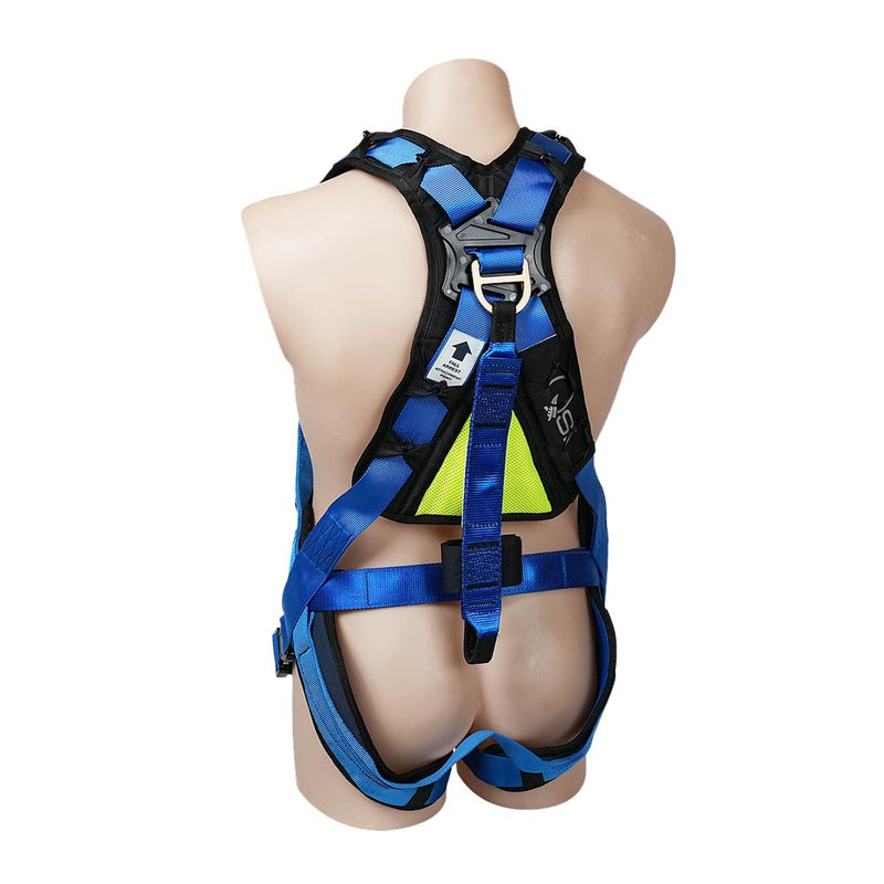 Load image into Gallery viewer, QSI Full Body Padded Work Positioning Harness W/ QR Buckles on a mannequin, features dorsal D-ring, quick release buckles, X-Factor shoulder padding, and lateral D-rings for enhanced safety and comfort.