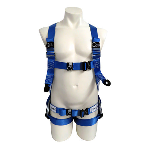 QSI Work Positioning Harness W/ QR Buckles on a mannequin, highlighting dual frontal loop and rear dorsal D-ring attachments, with quick-release buckles and waist belt for secure work positioning.