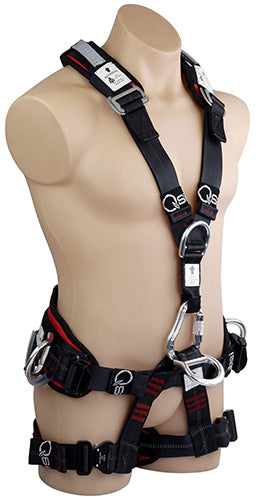 QSI Premium Multitask Rope Rescue Harness displayed on a mannequin, highlighting aluminium quick release buckles, adjustable waist buckles, and padded waist belt, embodying Active Safety's commitment to quality and safety standards.