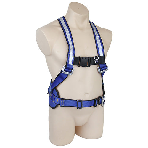 QSI Padded Restraint Belt, Side & Rear D-Ring showcased on a mannequin, featuring quick release buckles and reflective tape on shoulders; designed for comfort with shoulder and chest straps.