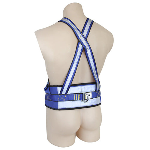 QSI Padded Restraint Belt on a mannequin, featuring a side and rear D-ring, quick release buckles, and reflective tape, designed for comfort with shoulder and chest straps.