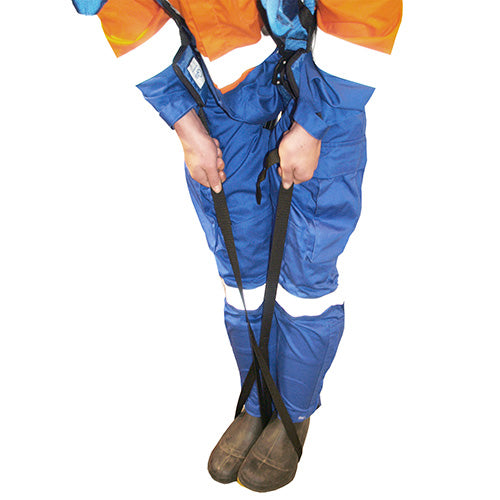 QSI Suspension Trauma Relief Straps (Pair) shown in use with a person in a blue workwear jumpsuit, highlighting their application for height safety to prevent suspension trauma.