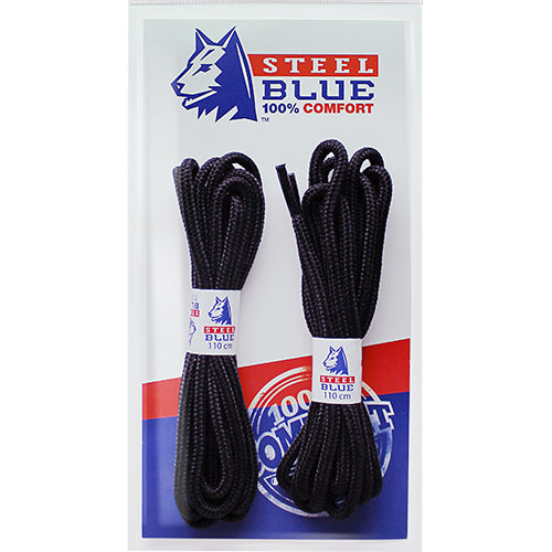 Steel Blue Boot Laces packaged neatly, showcasing their robust polyester/cordura material, known for high tensile strength and durability. Available in lengths of 110cm, 140cm, and 160cm.