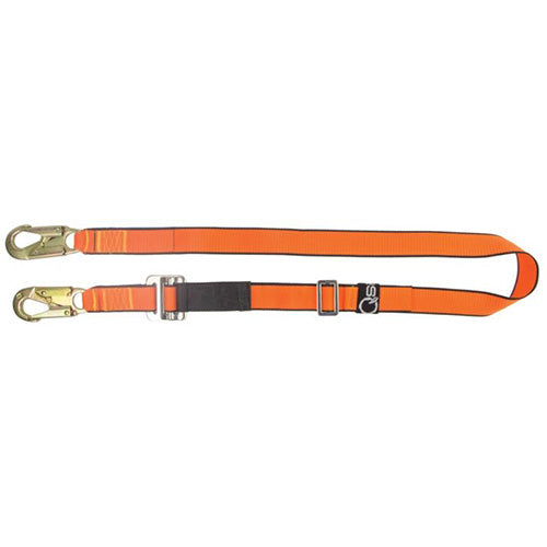 QSI Adjustable Restraint Lanyard: 1M, featuring a close-up of its durable strap and two double action hooks, designed for safety applications excluding fall arrest scenarios.