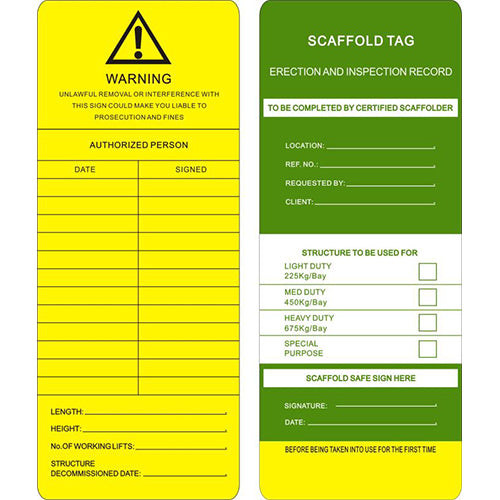 Scaffold Erection & Inspection Tag showing safety inspection records, featuring bold text and a checklist format, ensuring scaffolding safety compliance for workers.