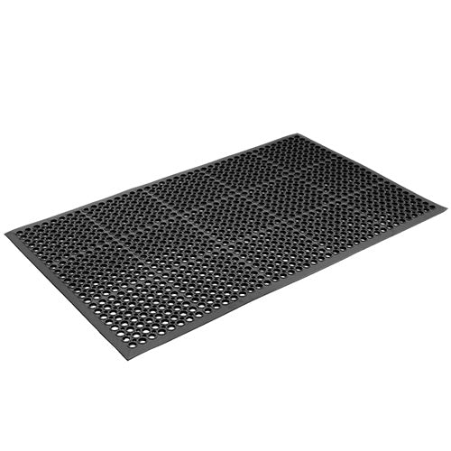 Safety Cushion Mat: 1500 x 900mm features a black rubber design with holes for drainage, ideal for wet areas and workplaces, enhancing safety and comfort with its anti-fatigue and non-skid properties.